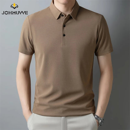 Men's Fashion Waffle Solid Short Sleeved Polo Shirt Summer Breathable Comfortable Top