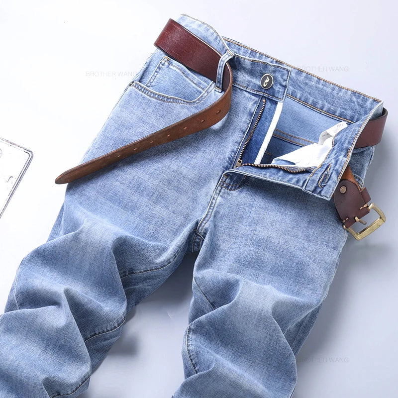 Spring Men's Light Blue Slim Jeans Stylish Casual Stretch Fabric Denim Pants Classic Trousers Smoke Gray