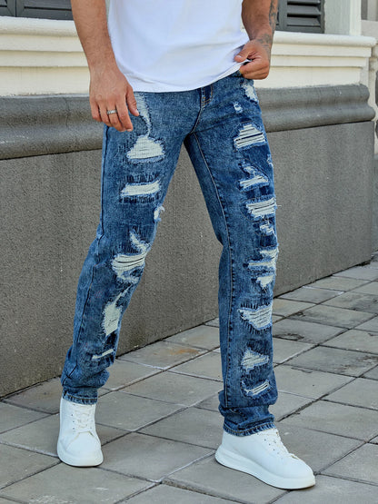 Men's Fashion Elastic Ripped Embroidered Pants, All Ripped Embroidery, Embroidery Mess, Stir-Fried Rinsing Water-105BLUE