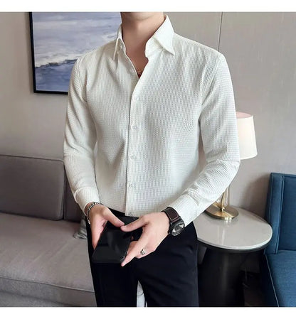 Waffle Spring Autumn Men's Shirt Casual and Slim Long Sleeve Solid Polo Neck Shirt Non Iron Wrinkle Resistant Business Tops