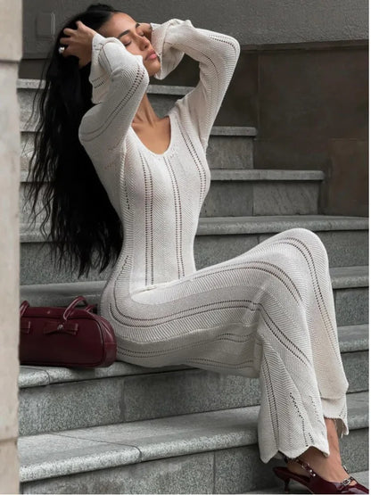 Articat Elegant Knitted Sweater Long Sleeved V-neck Dress Women Slim Hollow Out Female Vesidos Party Club Evening Dress Vacation