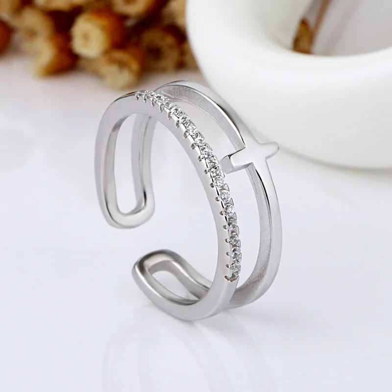 Retro Minimalist Opening Rings For Women Double Layer Moon Stars Cross Zircon Adjustable Finger Ring Girl Personality Jewelry