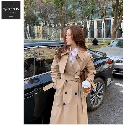 Streetwear Loose Trench Coat Midi Length Fashion Korean Elegant Khaki Black Women's Windbreaker Coat Casual Double Breasted Tops