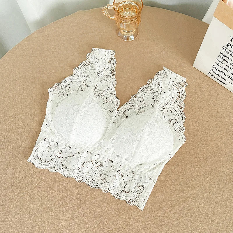 Lace Bras Top Women Deep V Neck Sexy Lingerie Wire Free Bra Tank Tops Female Underwear V Back Bralette Padded Camisole