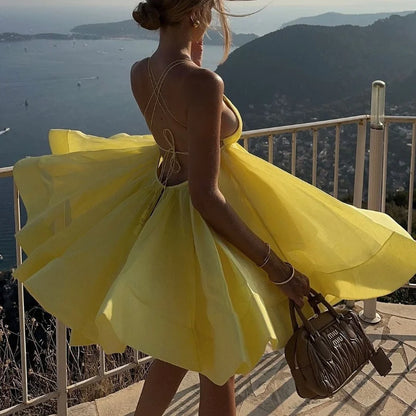 Sexy Backless Lace-up Loose Pleated Hem Mini Dress Women Sleeveless High Waist A-line Dresses 2025 New Yellow Vocation Partywear