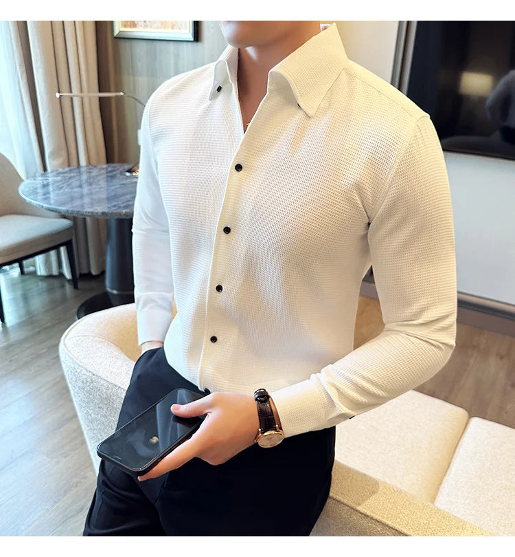 Autumn Solid Color Waffle Shirt Men Slim Fit V Neck Long Sleeve Casual Business Formal Dress Shirts Social Party Streetwear 4XL