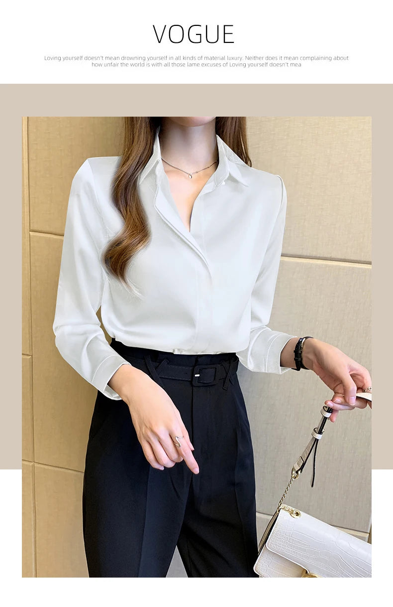 Satin Women Shirt Vintage Long Sleeve Blouse Women Silk Elegant Womens Tops Commuting Luxury White Shirt Autumn Female Clothing