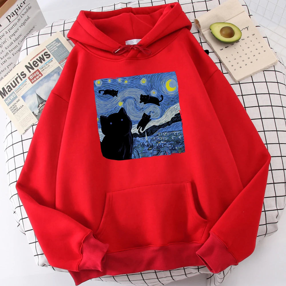 The Starry Cat Night Printing Hoodies Men Autumn Oversize Hoodie Fashion Fleece Sweatshirts Casual S-Xxl Pullover Tops