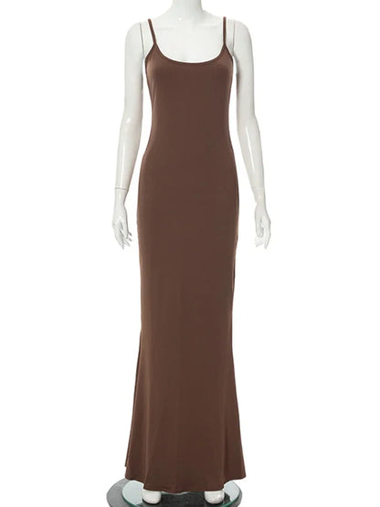 Y2K Sexy Maxi Dress for Women 2024 Autumn Backless Slim Party Dress Pullover Concise платье Female Long Bodycon Brown Vestidos