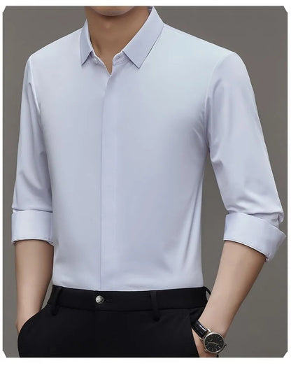 High end Mulberry Silk Shirts Business Men Non Iron Button Invisible Elastic Tops Luxurious Male Long Sleeve Quality Dress Shirt