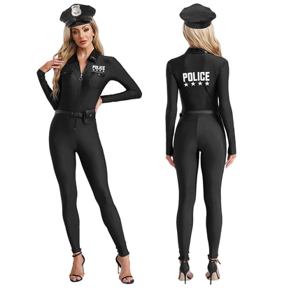 Women Police Cosplay Costume Long Sleeve Zip Up Overall Jumpsuit with Bag Belt Career Theme Party Rave Dance Bodysuits