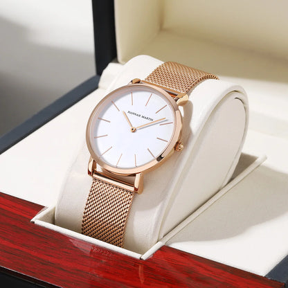 Hannah Martin Women Watch Original Imported Japanese Movement Stainless Steel Mesh Belt Classic Minimalist Wind Rose Gold Watch