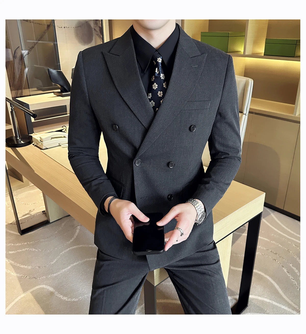 British Style Double Breasted Design Men's Suit Formal Business Slim Fit Casual Suits Sets Men Wedding Party Tuxedo 3 Pieces Set