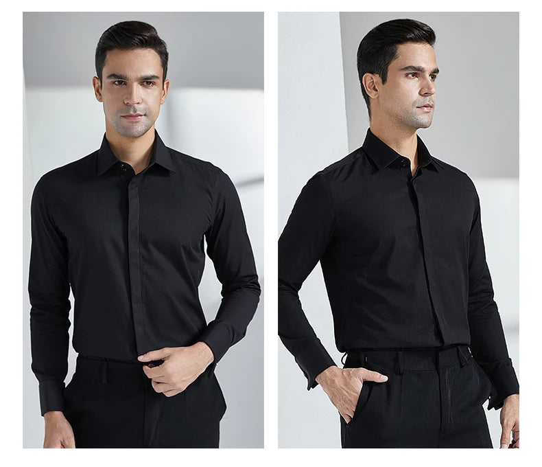 Men's French cufflink shirt with long sleeves slim fit concealed buttons solid color high-end wedding dress formal men's