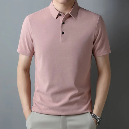 Men's Fashion Waffle Solid Short Sleeved Polo Shirt Summer Breathable Comfortable Top