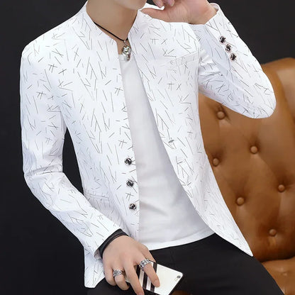 Men's Printed Small Suit Male Korean Version of The Self-cultivation Stand-up Collar Chinese Tunic Casual Suit Thin Jacket Youth