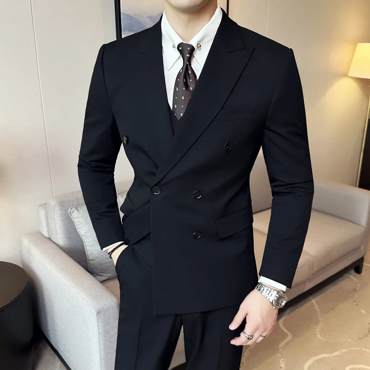 British Style Double Breasted Design Men's Suit Formal Business Slim Fit Casual Suits Sets Men Wedding Party Tuxedo 3 Pieces Set