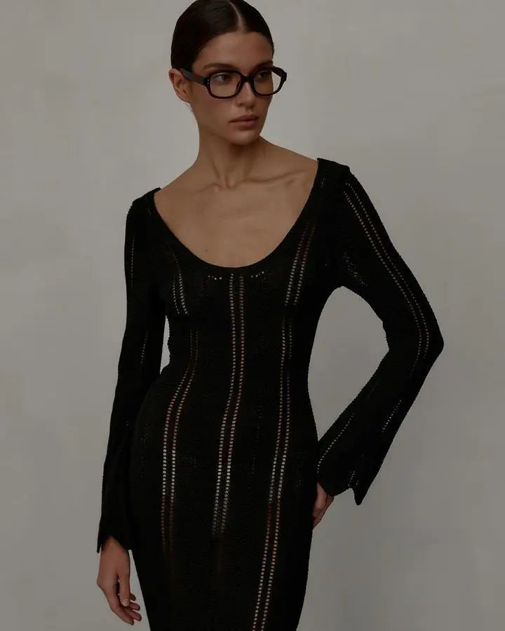 Articat Elegant Knitted Sweater Long Sleeved V-neck Dress Women Slim Hollow Out Female Vesidos Party Club Evening Dress Vacation