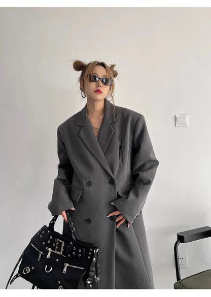 Lautaro Spring Autumn Long Grey Black Trench Coat for Women Double Breasted Loose Casual Korean Fashion Clothing Blazer 2025