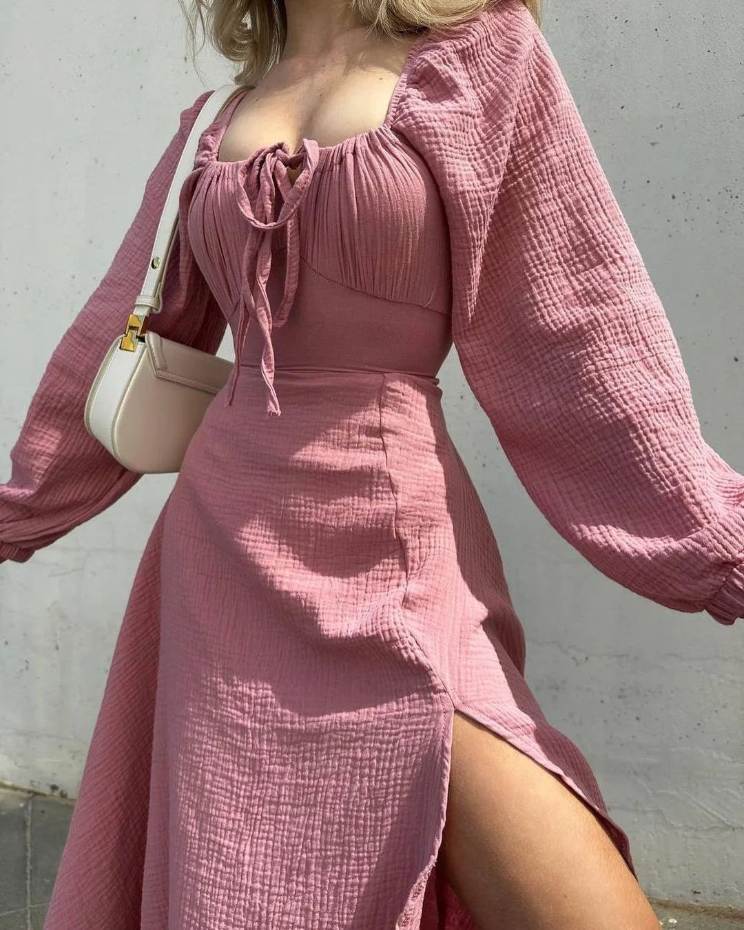 Lace-up Square Collar Sexy Dress Women Autumn Lantern Sleeve Solid Cotton Slit Robe Femme Fashion Streetwear Ladies Midi Dresses