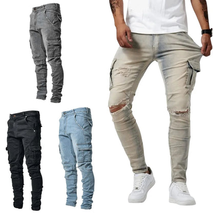 Men Casual Denim Pants Elastic Skinny Jeans Multi-Pocket Trousers Slim Fit Black Jeans Soild Cargo Pants Man Clothes Streetwear