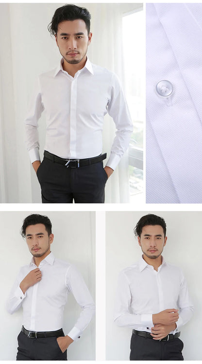 Men's Classic Fly Front Placket French Cuffs Dress Shirt Without Pocket Full Sleeve Standard-fit Banquet Wedding White Shirts