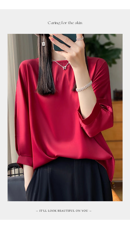 New Acetic Satin Nine-Sleeve T-shirt in Summer Women's Round Neck Loose Large Size Wide Sleeves Outside