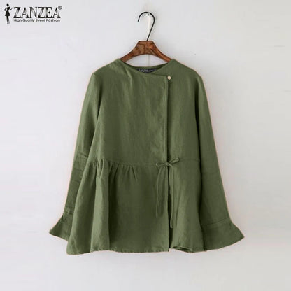 2025 ZANZEA Fashion Vintage Women Long Flare Sleeve Blouse Spring Cotton Shirt Casual Work Blusas Mujer Solid Lace Up Tops Tunic