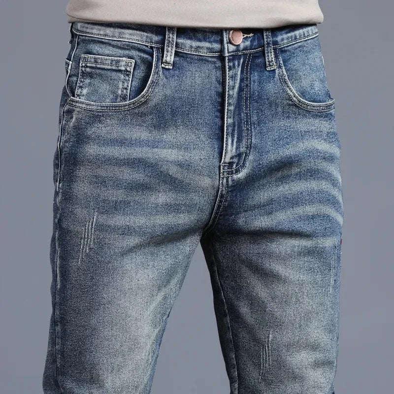 New Men's Vintage Jeans Korean Fashion Slim Little Feet Embroidered Trousers Stretch Male Streetwear Denim Pants