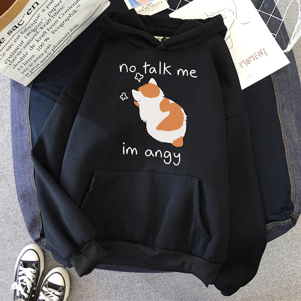 No Talk Me Cute Angry Cat Print Women Hoody Hip Hop Soft Hoodies Casual Fleece Pullovers Oversize Fleece Woman Streetwear