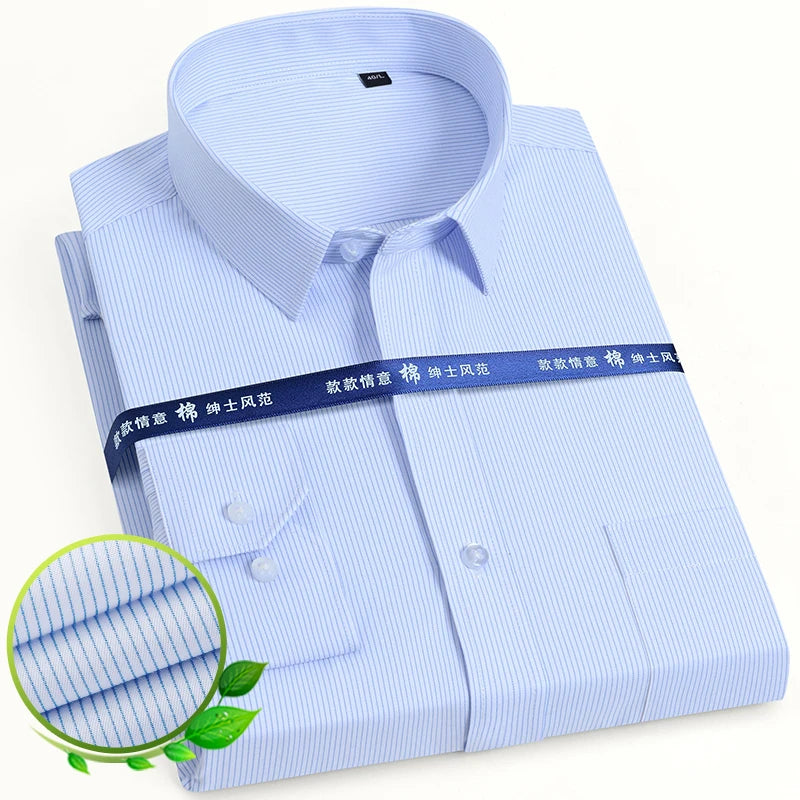 Men's Classic Long Sleeve Solid/striped Basic Dress Shirts Single Patch Pocket Formal Business Regular Fit Office Social Shirt