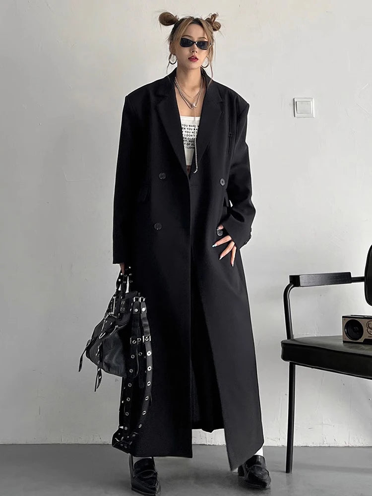 Lautaro Spring Autumn Long Grey Black Trench Coat for Women Double Breasted Loose Casual Korean Fashion Clothing Blazer 2025