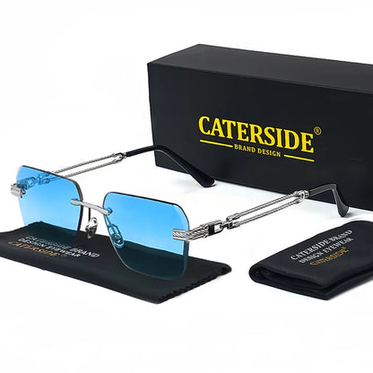 Caterside Rimless Pilot Sunglasses Men Square Metal Frame Women Glasses Travel Party Business UV400 Eyewear Choice for Gifts