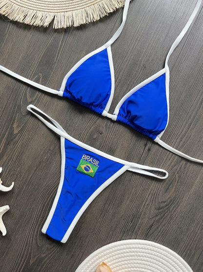 RUOTONSEPT Sexy Embroidery Brasil Flag Contrast Split Bikini Set Women Swimwear Patchwork Swimsuit Hottie Outfit SummerBeachwear