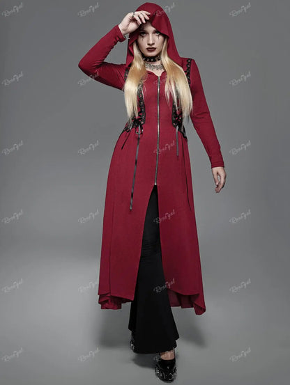 ROSEGAL Plus Size Hooded Lace Up Zipper Trench Coat Women Autumn Winter High Low Maxi Outwears Black Red Longline Hoodies Tops