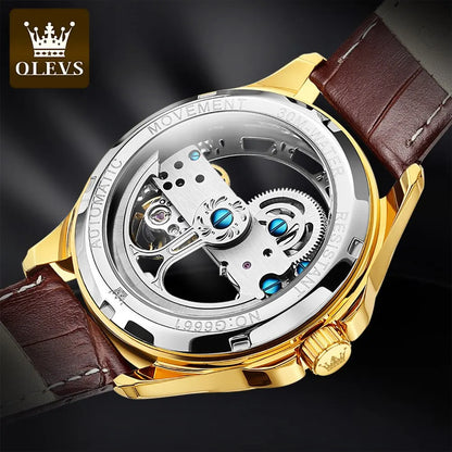 OLEVS Luxury Men Watches Automatic Mechanical Wristwatch Skeleton Design Waterproof Leather Strap Male Watch Reloj Hombre