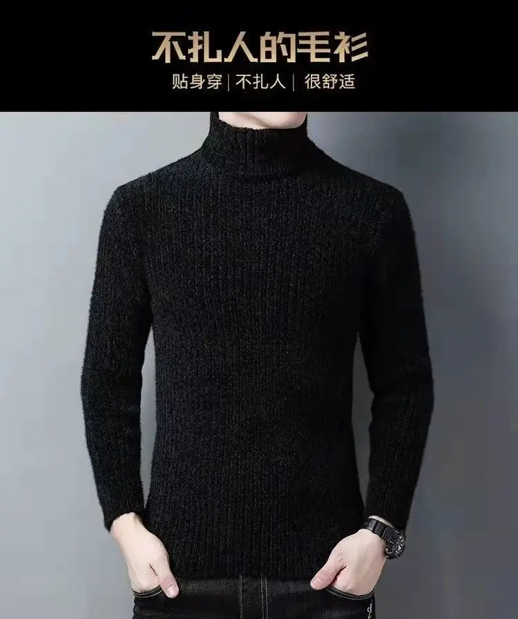 Trend Fashion Autumn Winter Sweaters Men Solid Turtleneck Mink Cashmere Thicken Smart Casual Long Sleeve Pullovers Knitted Tops