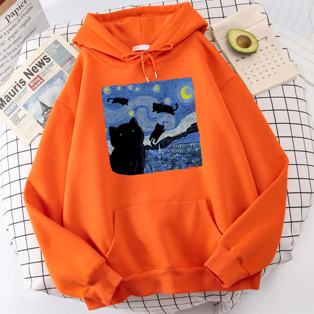 The Starry Cat Night Printing Hoodies Men Autumn Oversize Hoodie Fashion Fleece Sweatshirts Casual S-Xxl Pullover Tops