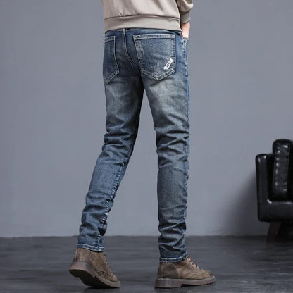 New Men's Vintage Jeans Korean Fashion Slim Little Feet Embroidered Trousers Stretch Male Streetwear Denim Pants