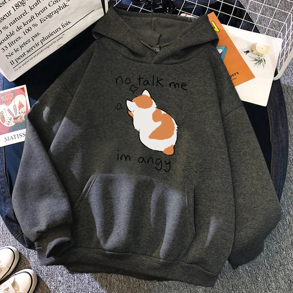 No Talk Me Cute Angry Cat Print Women Hoody Hip Hop Soft Hoodies Casual Fleece Pullovers Oversize Fleece Woman Streetwear