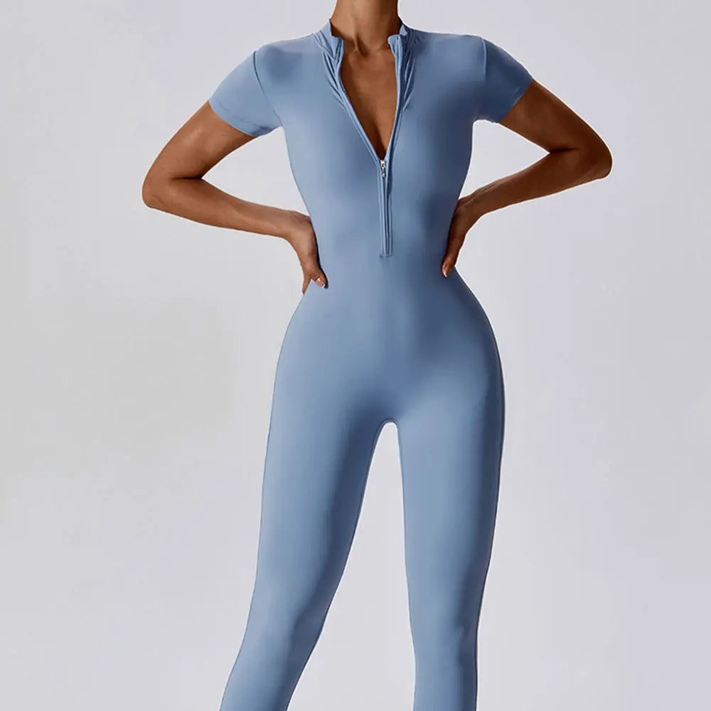 Yoga Set Women's Jumpsuits One-Piece Suit Zipper Short Sleeve Gym Push Up Workout Clothes Fitness Bodysuit Sportswear Tracksuit