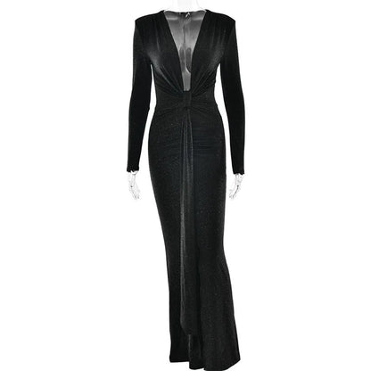 Mozision Glitter Deep V Neck Sexy Maxi Dress For Women Elegant Sparkle Long Sleeve Ruched Bodycon Split Club Party Sexy Dress