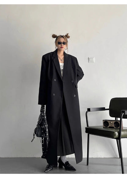 Lautaro Spring Autumn Long Grey Black Trench Coat for Women Double Breasted Loose Casual Korean Fashion Clothing Blazer 2025