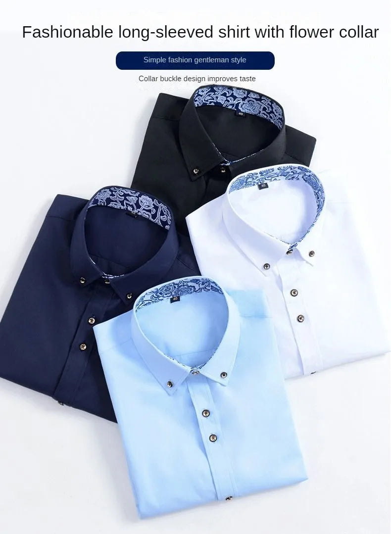 Blue and White Men's Dress Collar Shirt Long Sleeve Solid Color Printing Casual Business Slim Fit Cotton Shirts Anti-Wrinkle