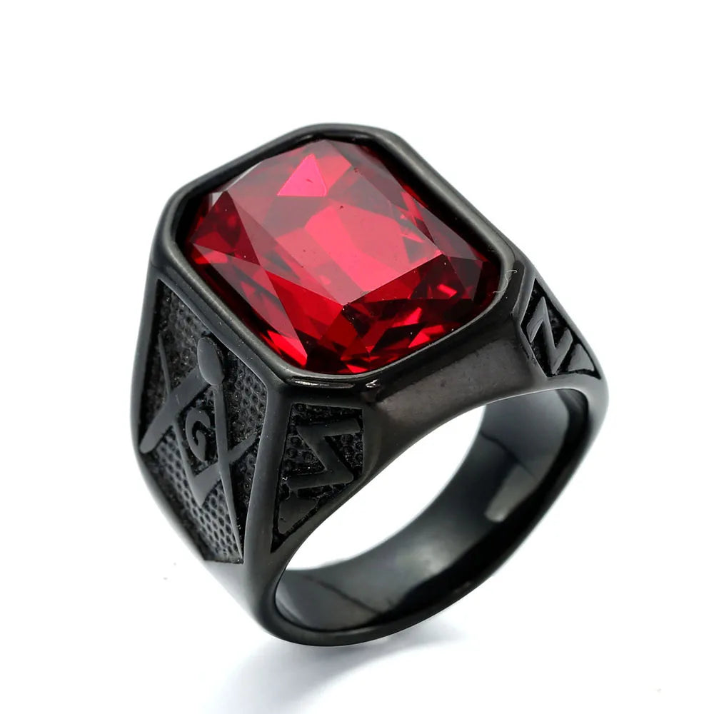 HNSP 316L Stainless Steel Black Stone Crystal Freemas Ring For Men Male Finger Jewelry Accessories Vintage Style 2025 New