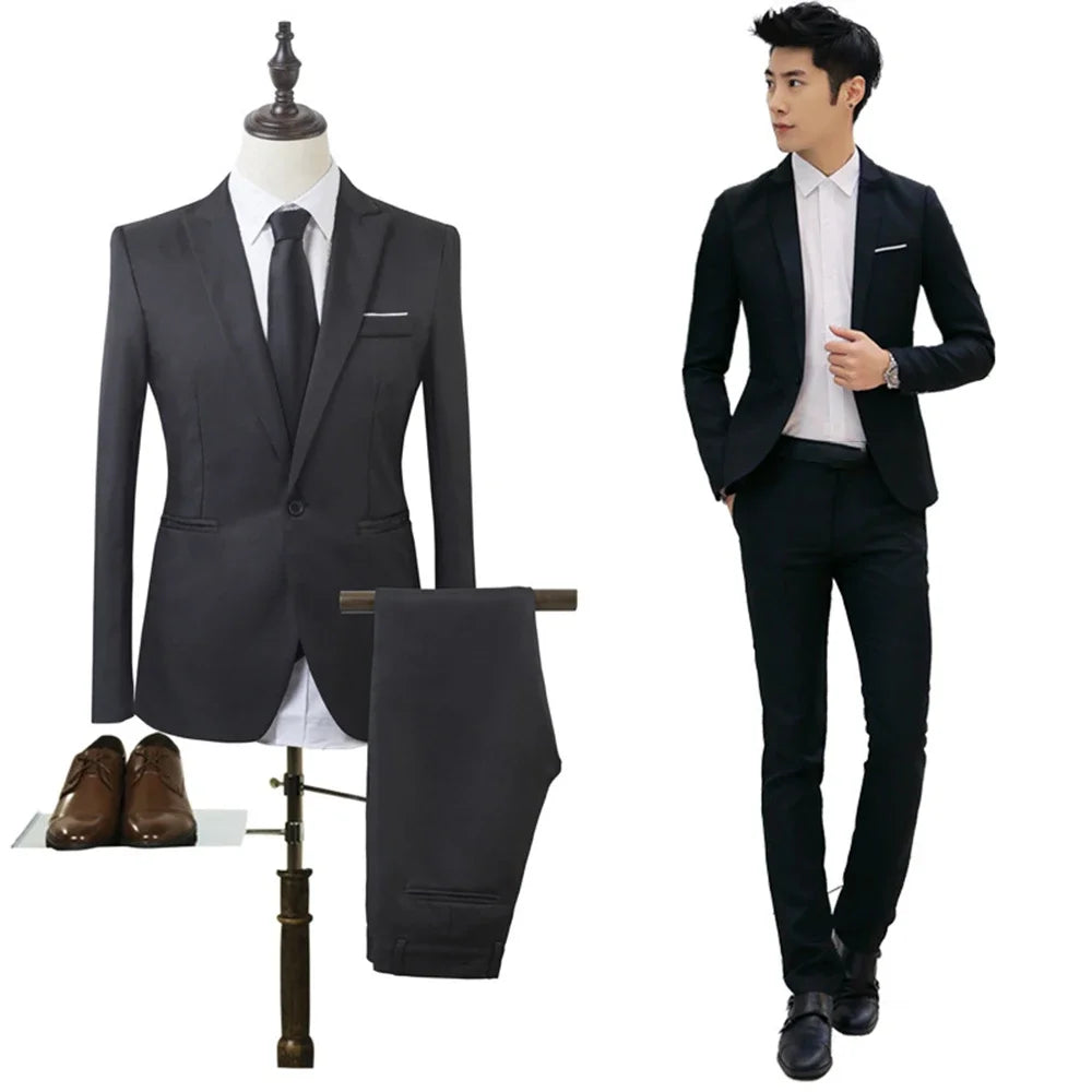 2pcs Coat Pants Men Suit Formal Blazer M~2XL Party Polyester Tuxedos Wedding Business Suit Coat + Pants Comfortable (no shoe)