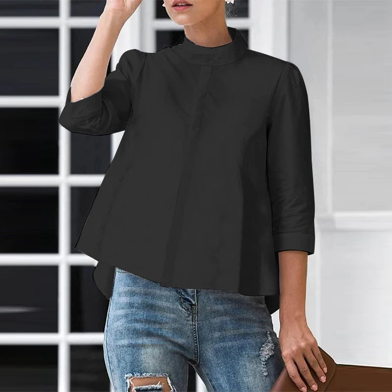 ZANZEA 2025 Summer Office Lady Blouse Stand Collar Casual Tops Women Solid Color Blusas 3/4 Sleeve Street Buttons Fashion Shirts