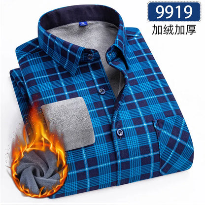 New 5XL men's shirt autumn and winter plus fleece thickened warm long sleeve non-ironing plaid business casual slim-fit fashion