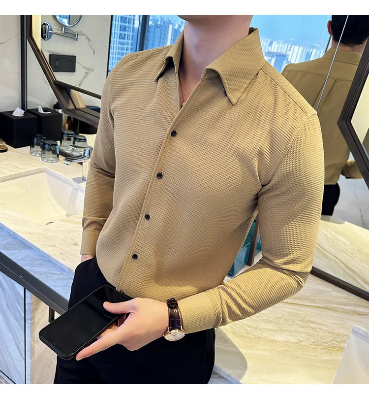 Autumn Solid Color Waffle Shirt Men Slim Fit V Neck Long Sleeve Casual Business Formal Dress Shirts Social Party Streetwear 4XL