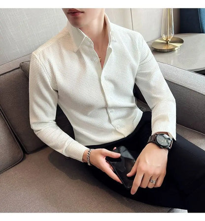 Waffle Spring Autumn Men's Shirt Casual and Slim Long Sleeve Solid Polo Neck Shirt Non Iron Wrinkle Resistant Business Tops